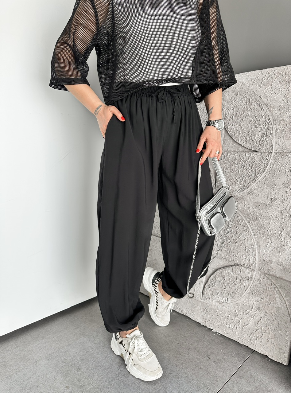 Siyah Tensel Beli Lastikli Şalvar Pantolon