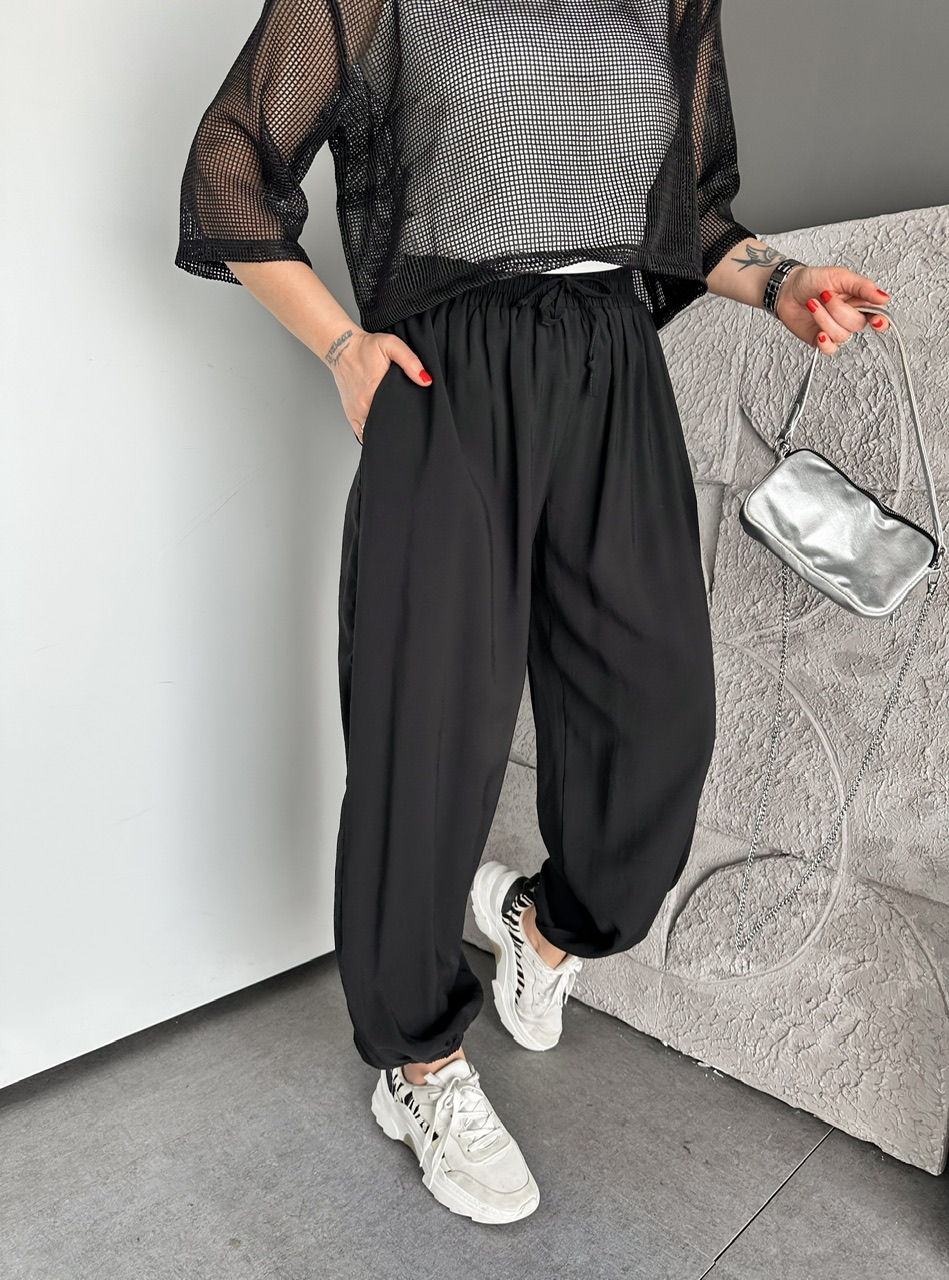 Siyah Tensel Beli Lastikli Şalvar Pantolon