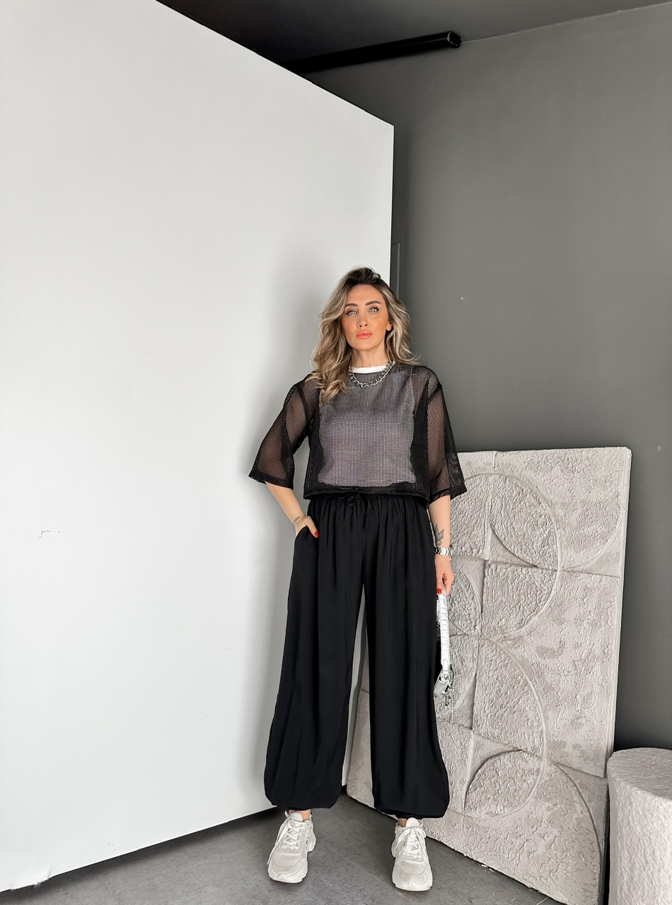 Siyah Tensel Beli Lastikli Şalvar Pantolon