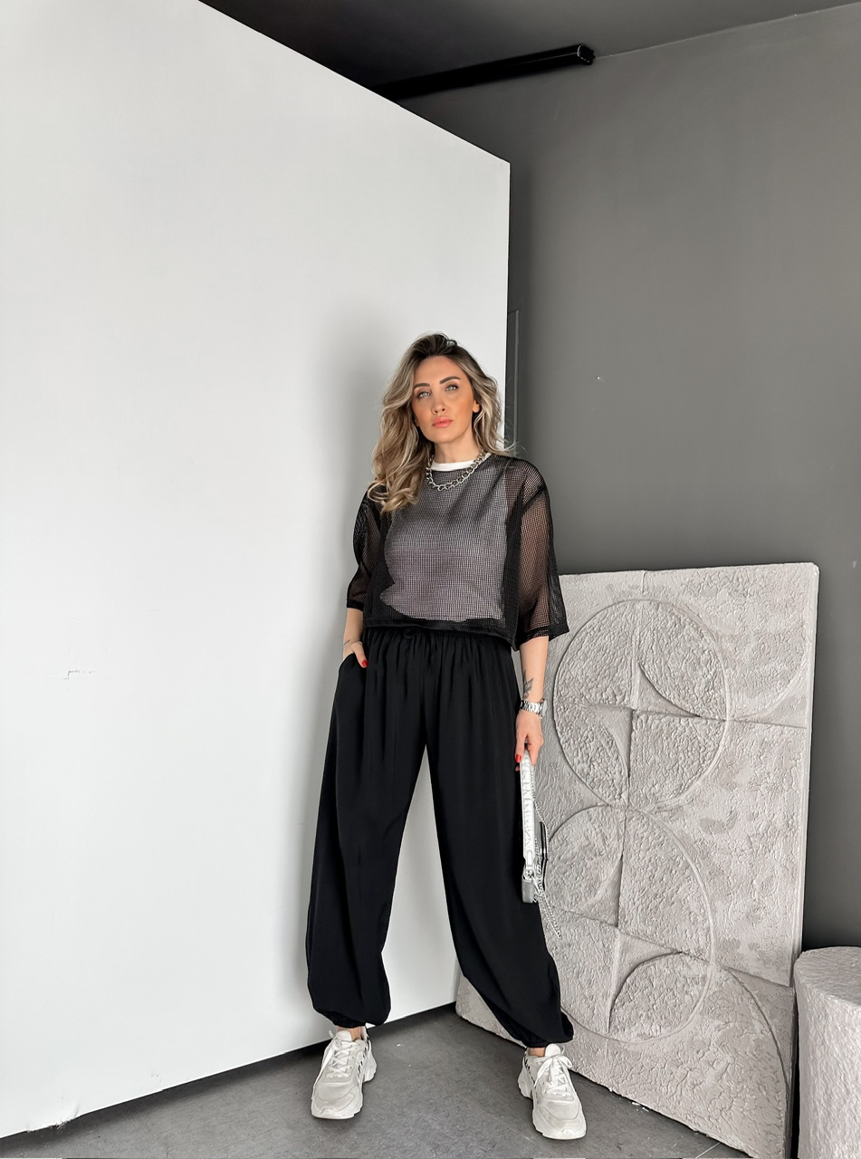 Siyah Tensel Beli Lastikli Şalvar Pantolon
