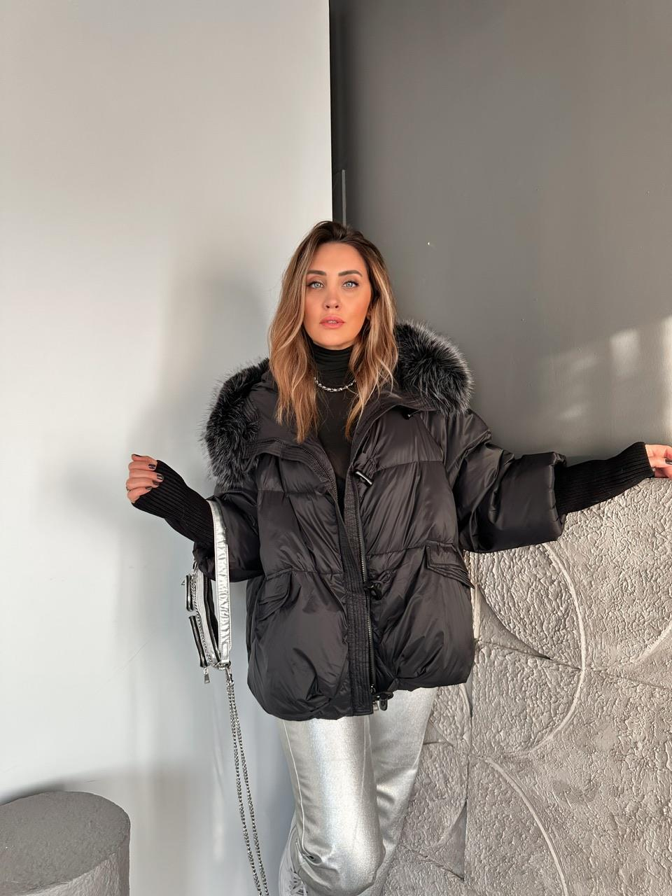 Siyah Triko Kollu Premium Şişme Mont