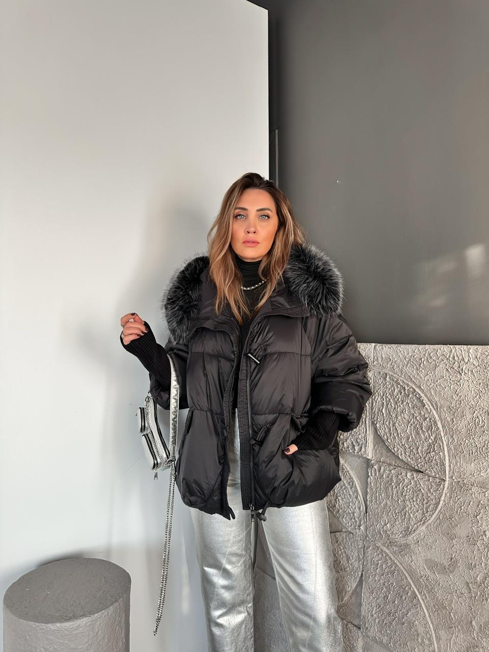 Siyah Triko Kollu Premium Şişme Mont