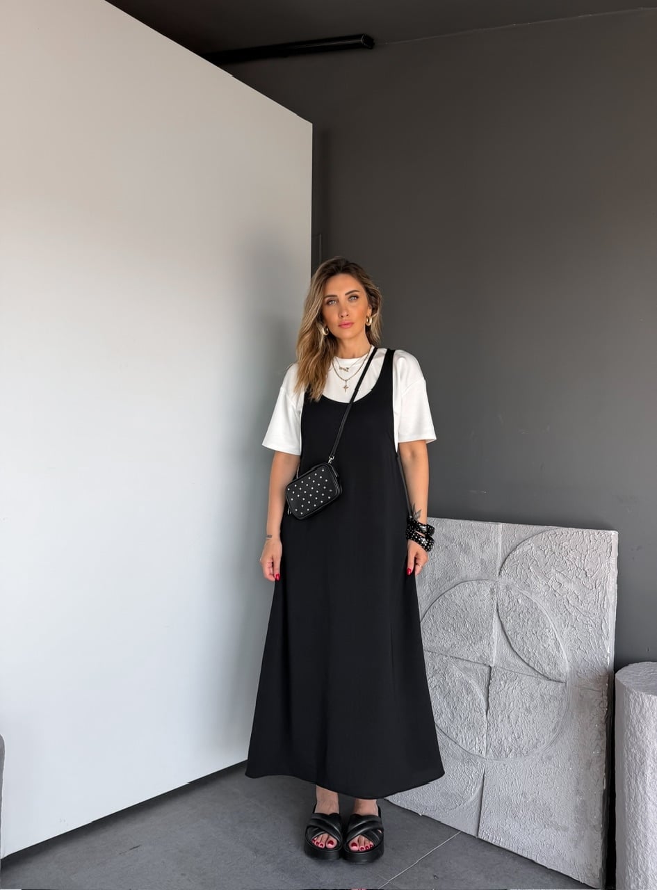 Siyah Tshirtlü Askılı Basic Elbise