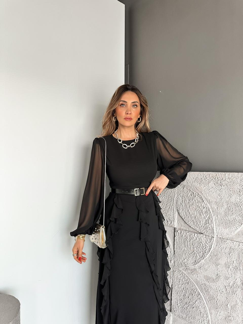 Siyah Volanlı Kemerli Şifon Elbise