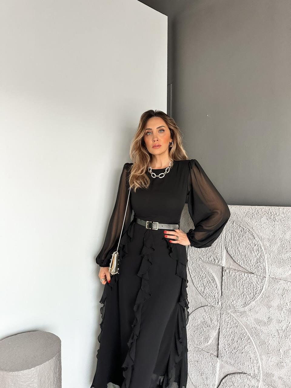 Siyah Volanlı Kemerli Şifon Elbise