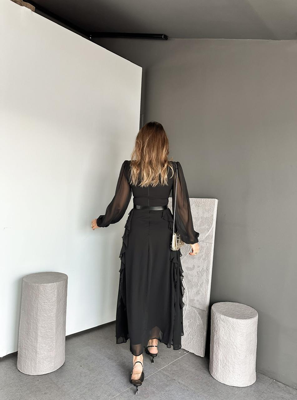 Siyah Volanlı Kemerli Şifon Elbise