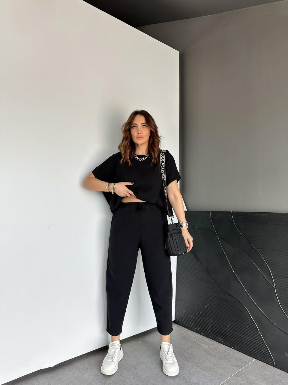 Siyah Yarasa Kollu Naturel Takım