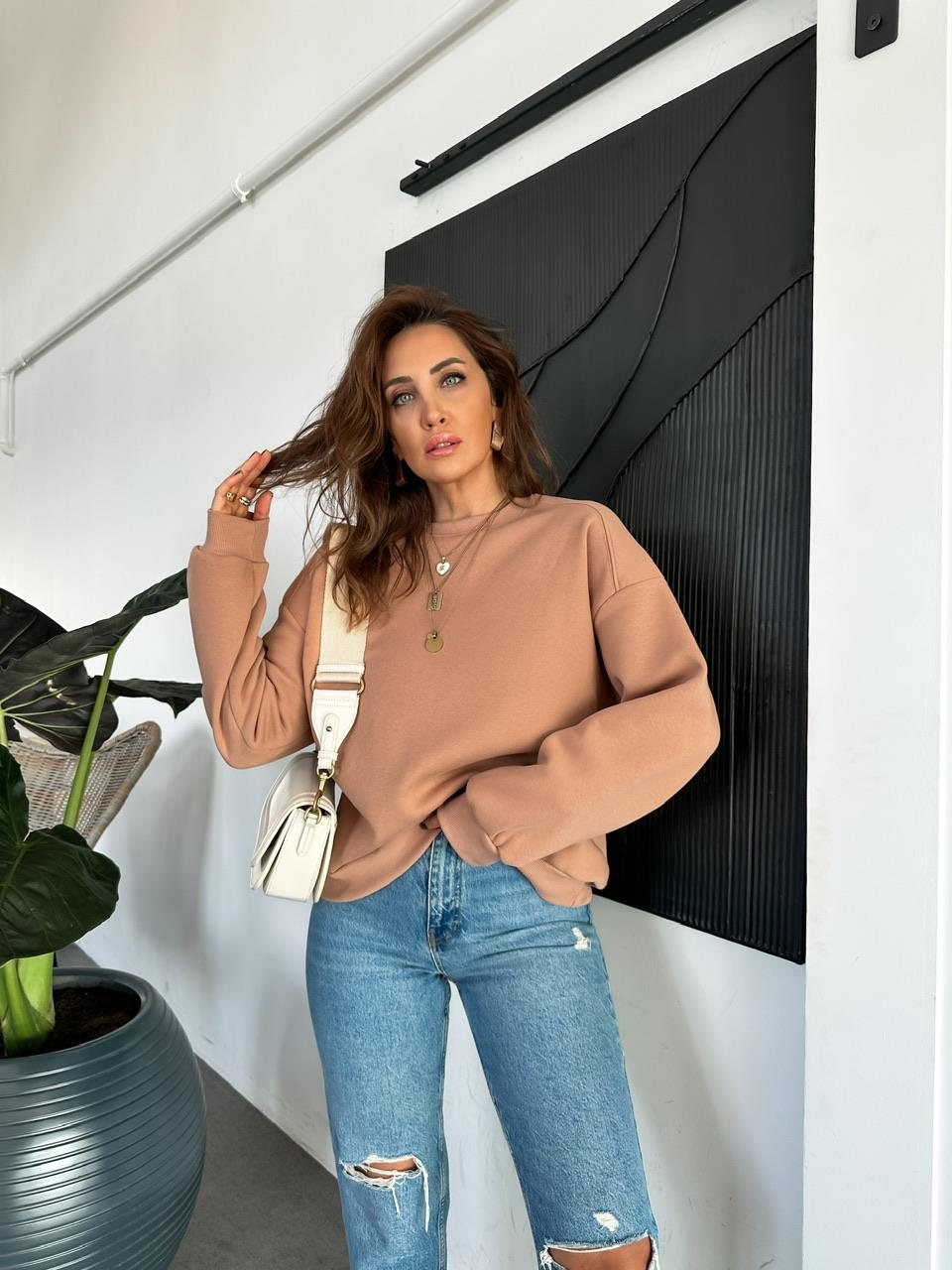 Süt Kahve Bisiklet Yaka Cotton Sweatshirt 