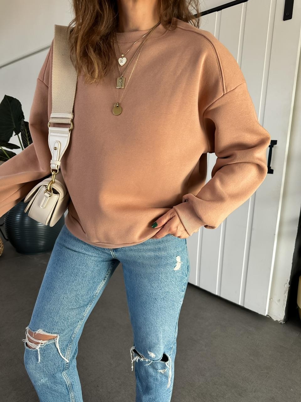 Süt Kahve Bisiklet Yaka Cotton Sweatshirt 