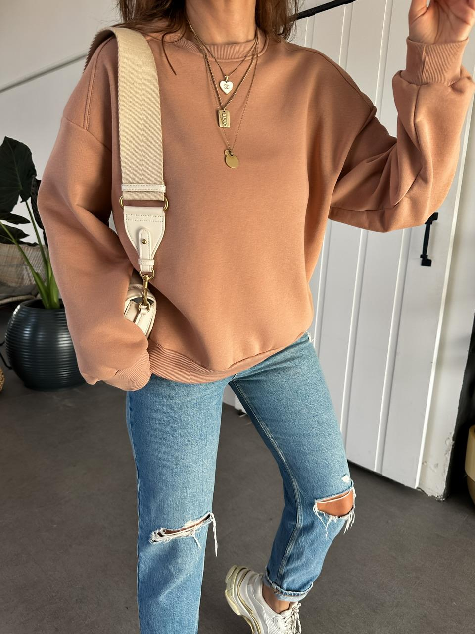 Süt Kahve Bisiklet Yaka Cotton Sweatshirt 