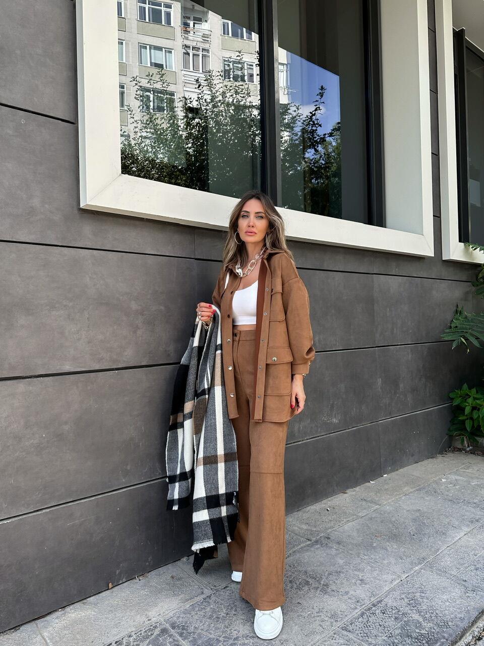 Taba Bol Kesim Süet Pantolon
