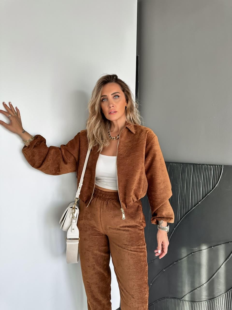 Taba Ceket Pantolon Kadife Takım
