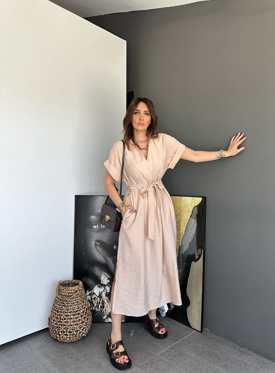 Taş Cepli Düğmeli Modal Elbise