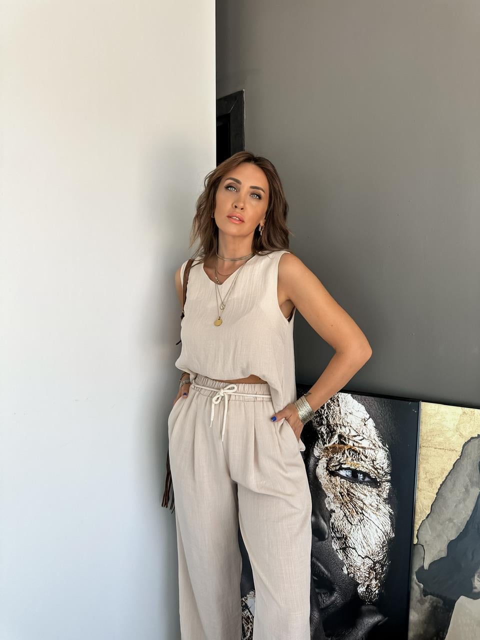 Taş Halat Kemerli Keten Takım