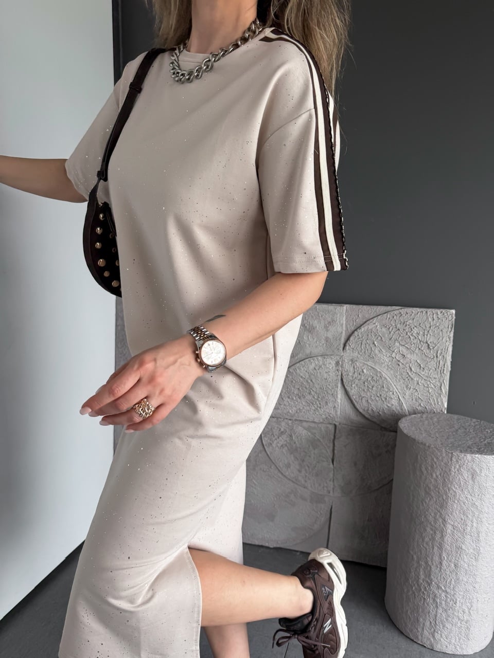Taş Işıltılı Şeritli Modal Elbise