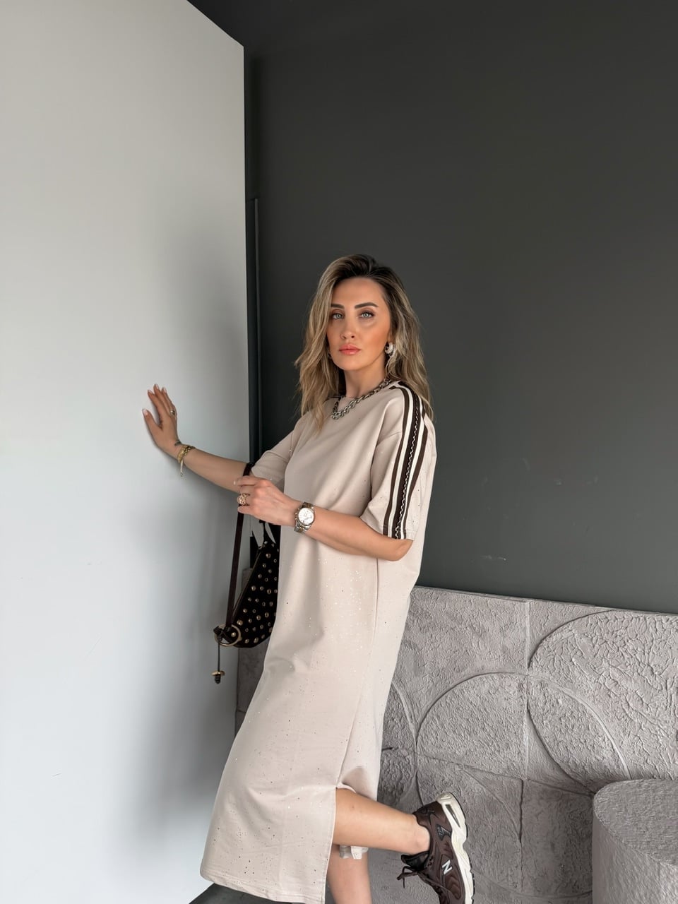 Taş Işıltılı Şeritli Modal Elbise