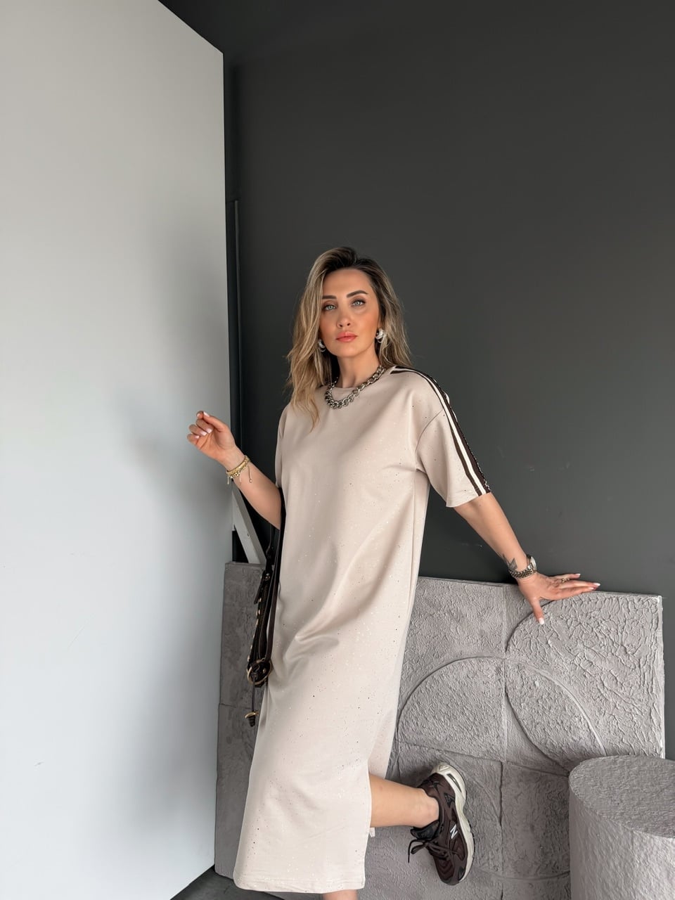 Taş Işıltılı Şeritli Modal Elbise