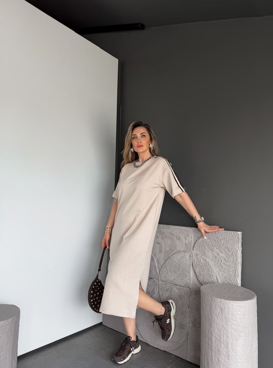 Taş Işıltılı Şeritli Modal Elbise