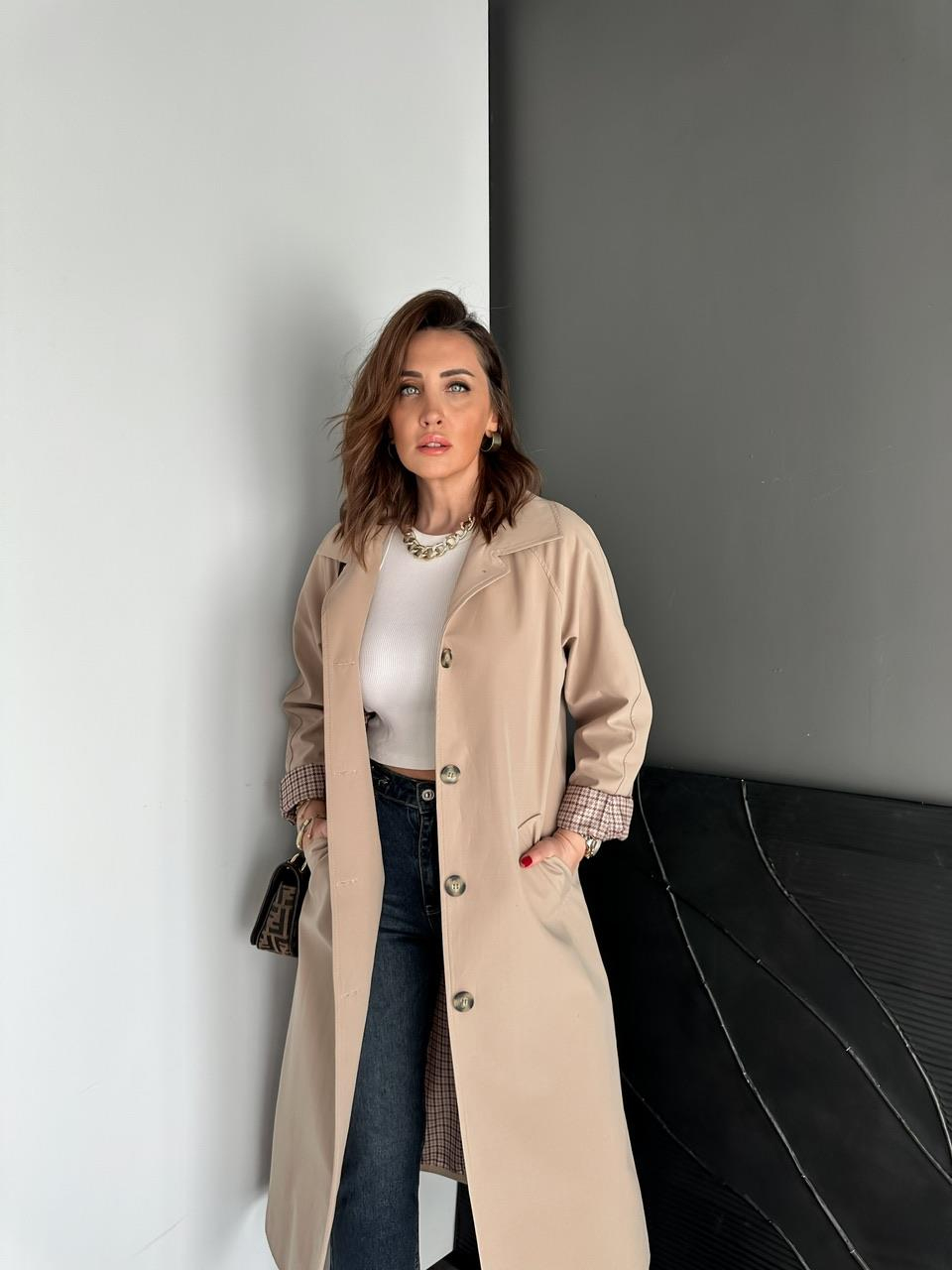 Taş Kazayağı Desenli Astarlı Trençkot