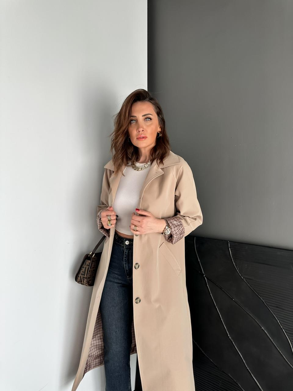 Taş Kazayağı Desenli Astarlı Trençkot