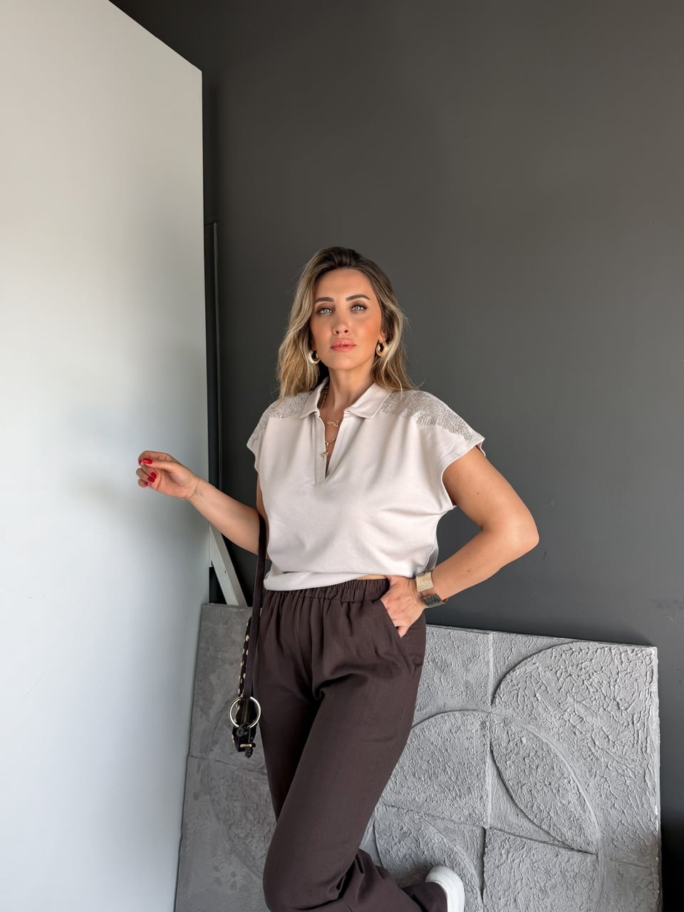Taş Omuzları Payetli Marka Modal Tshirt