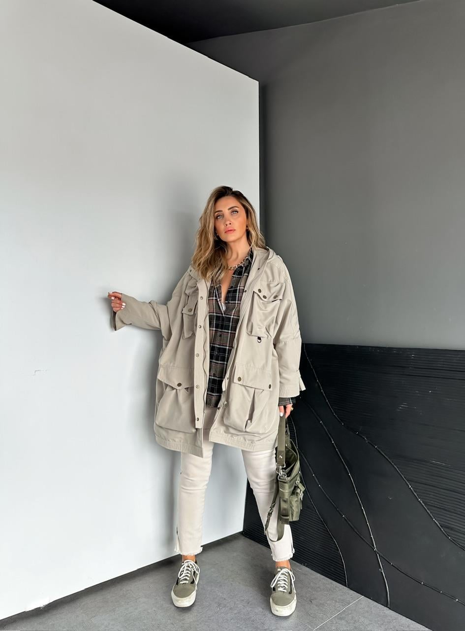 Taş Safari Cepli Çıtçıtlı Tasarım Trençkot