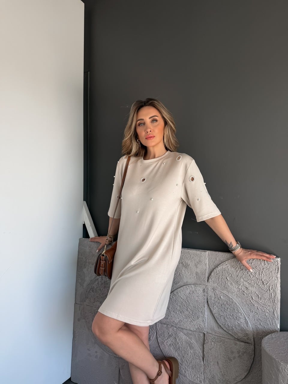 Taş Serpme İncili Modal Elbise