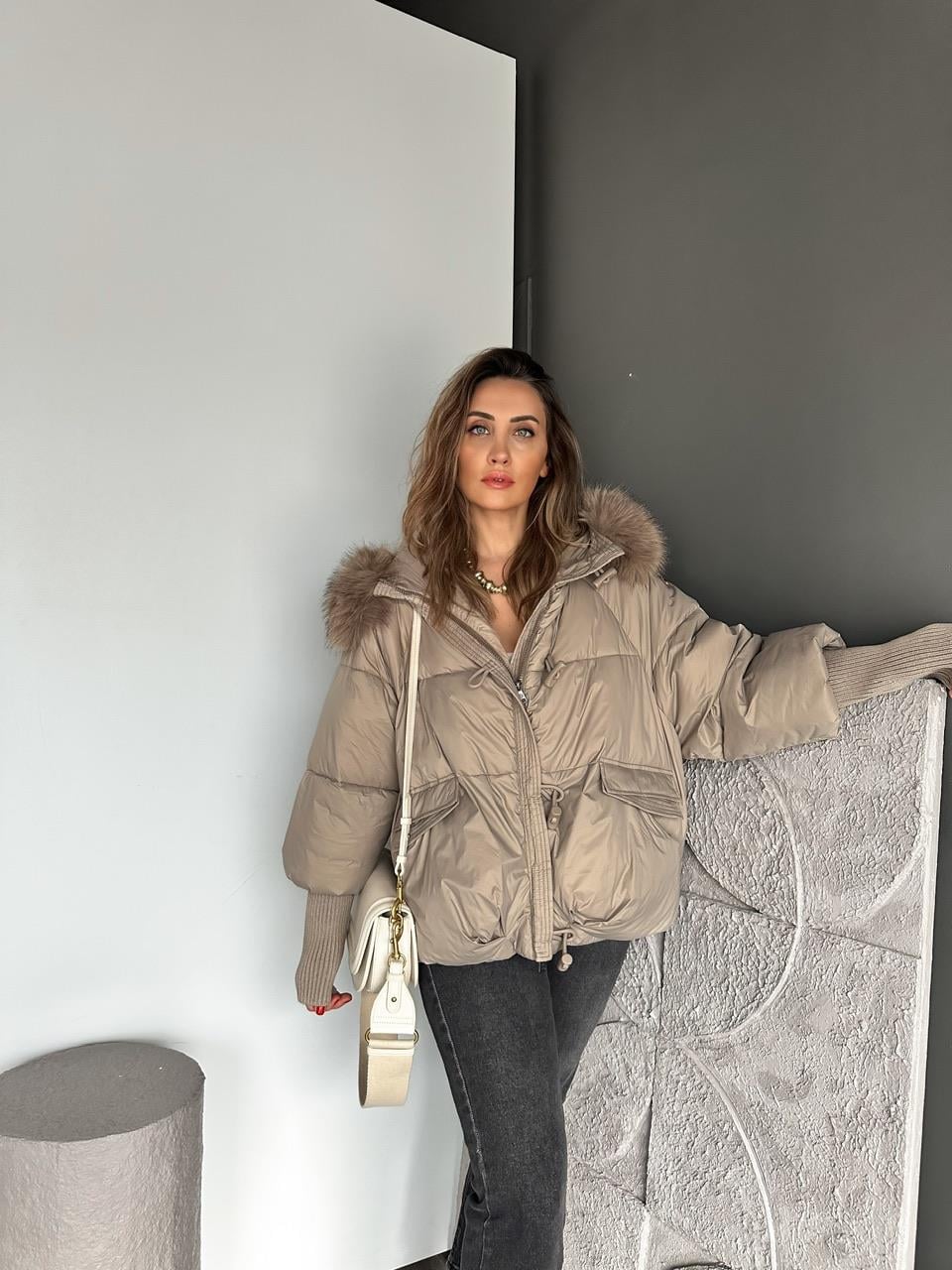 Taş Triko Kollu Premium Şişme Mont