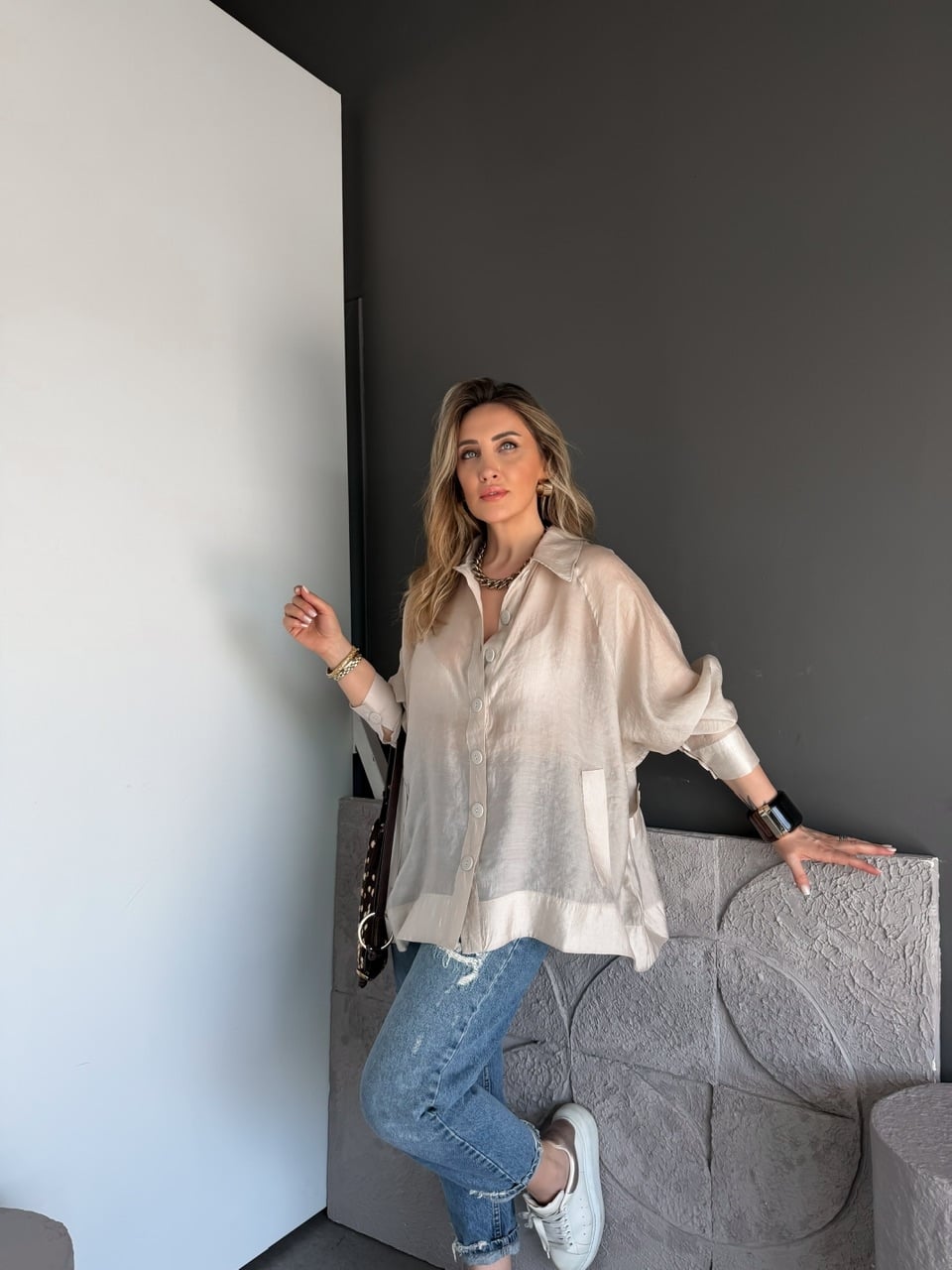 Taş Yarasa Kol Oversize Gömlek