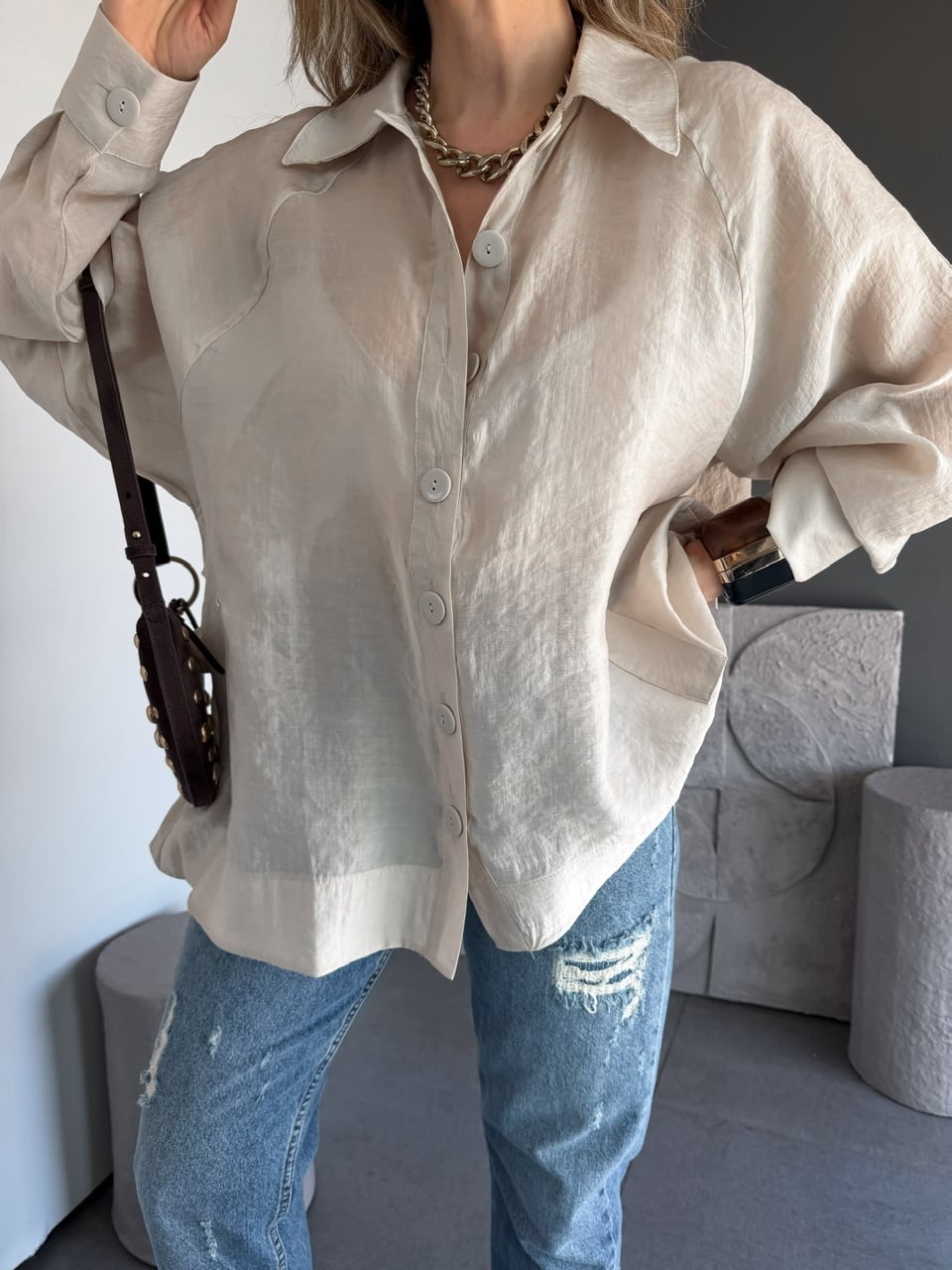 Taş Yarasa Kol Oversize Gömlek