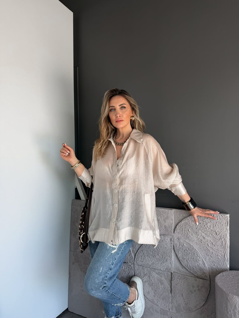 Taş Yarasa Kol Oversize Gömlek