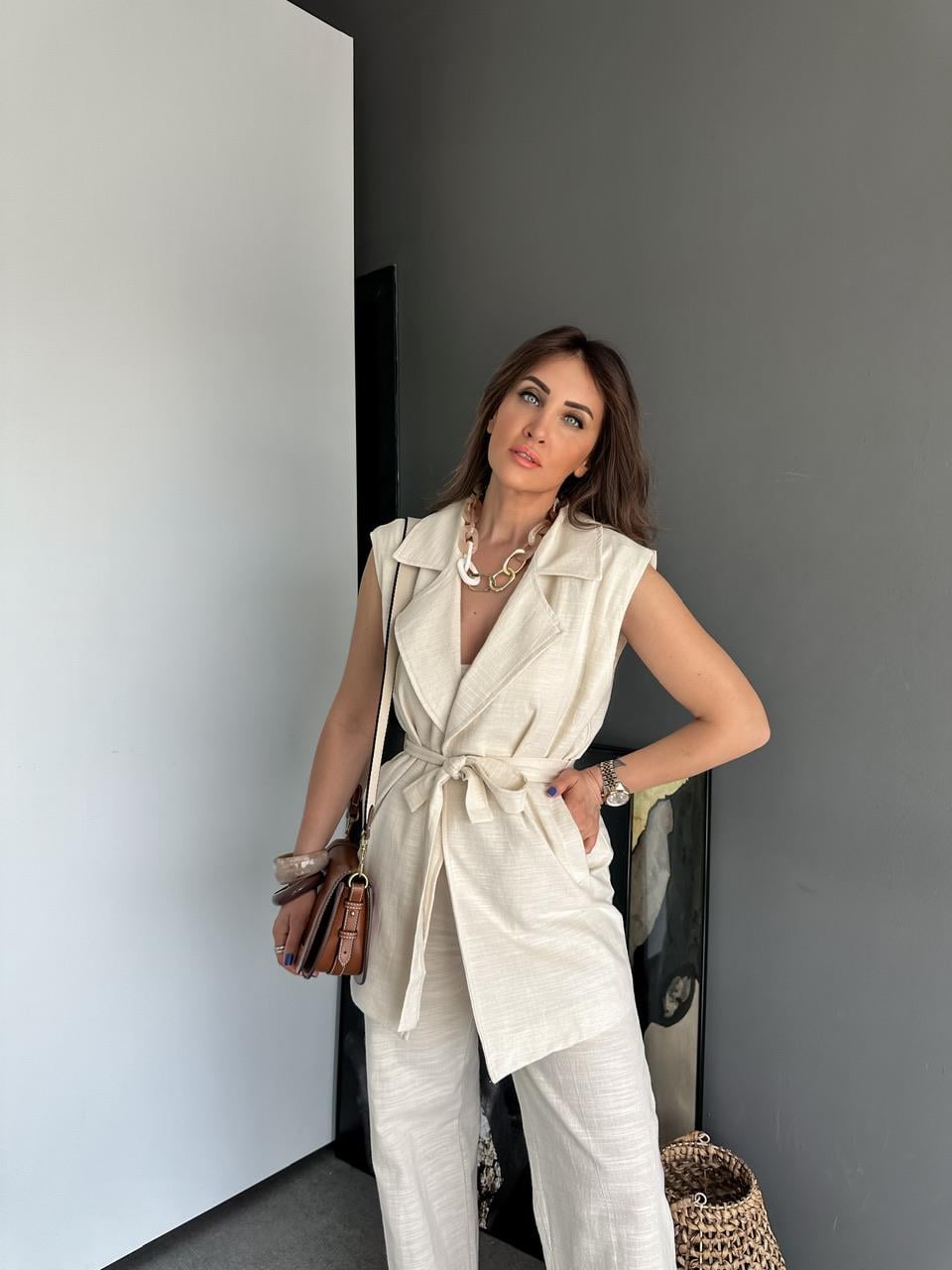 Taş Yelekli Keten Takım