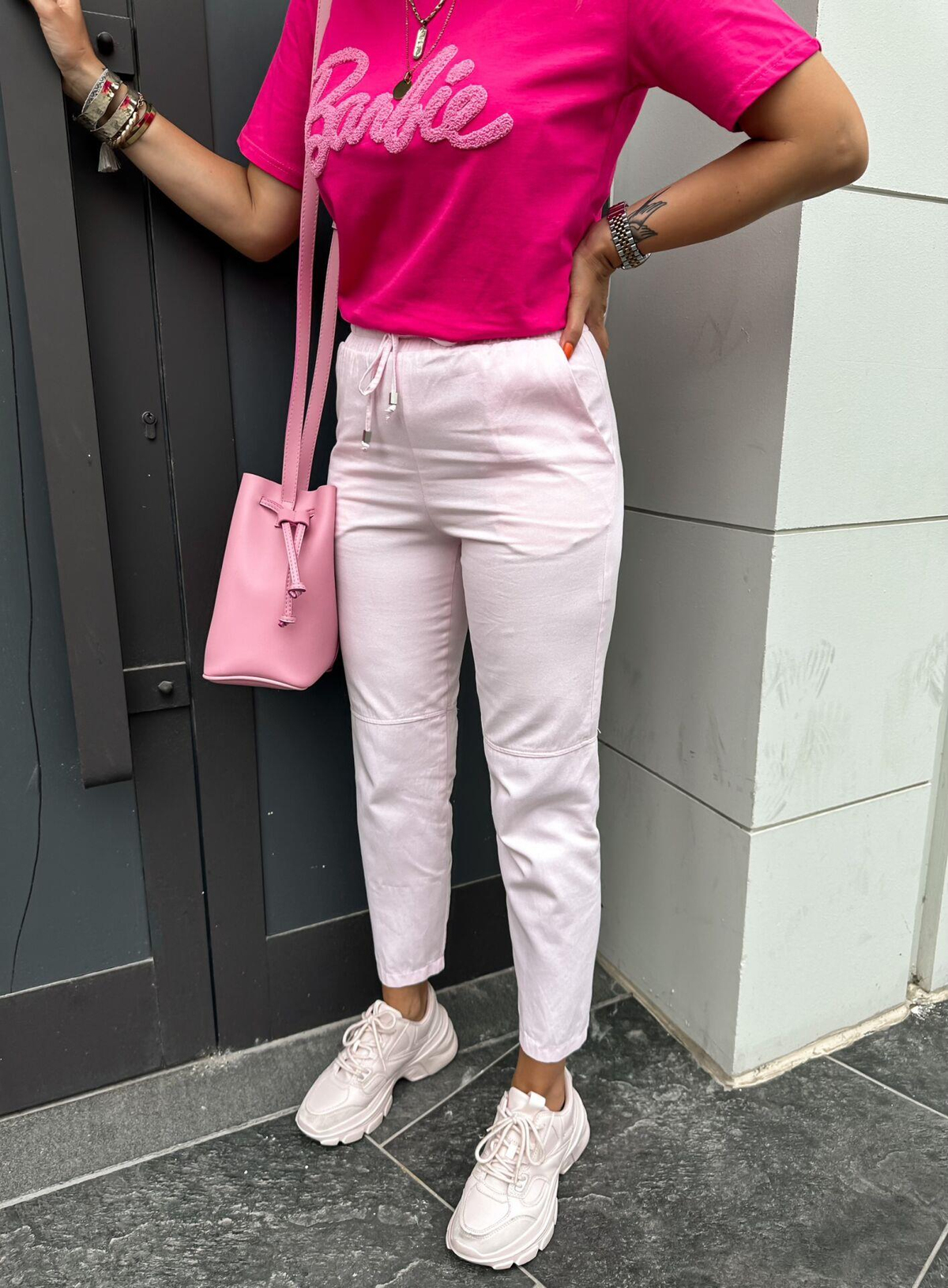 Toz Pembe Gabardin Çımalı Pantolon