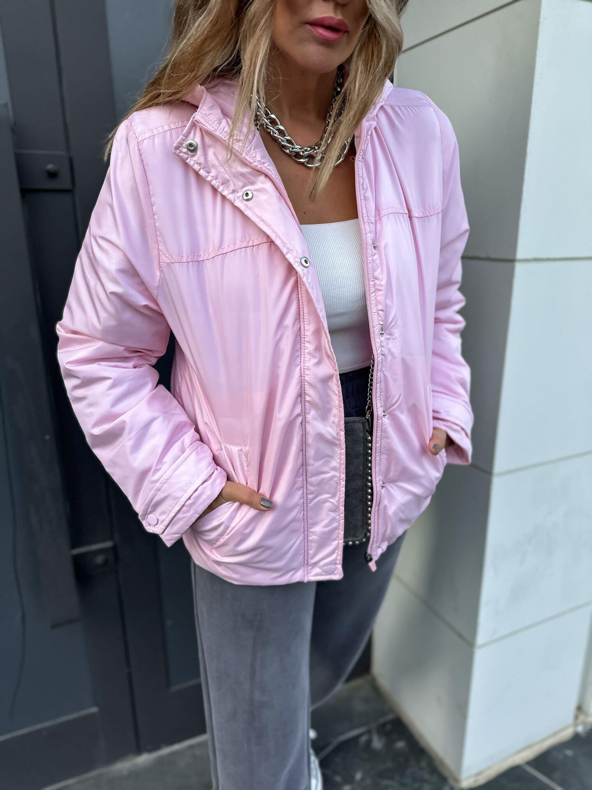 Toz Pembe Kapşonlu Reflektörlü Mont