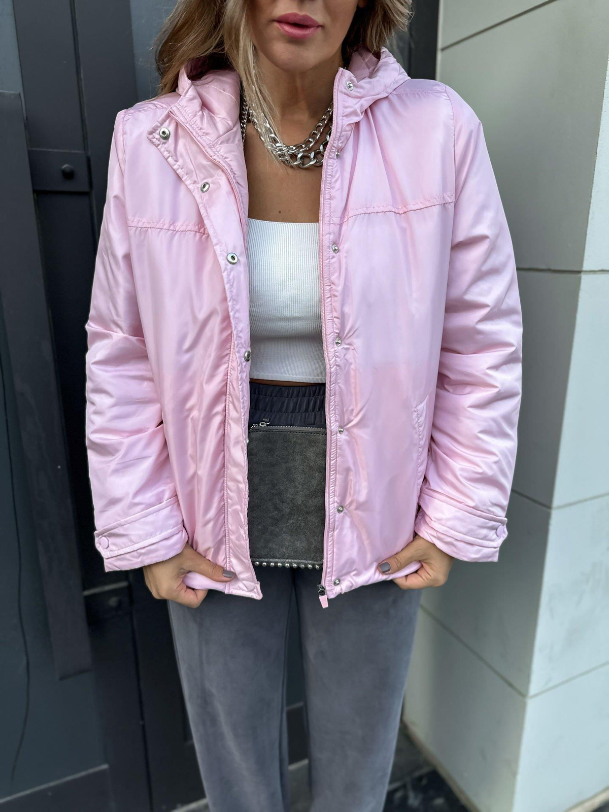 Toz Pembe Kapşonlu Reflektörlü Mont