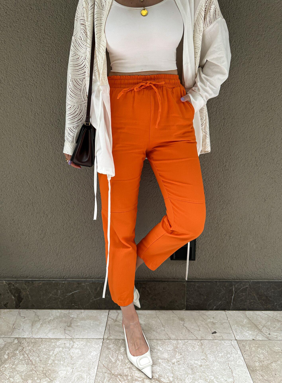 Turuncu Gabardin Çımalı Pantolon