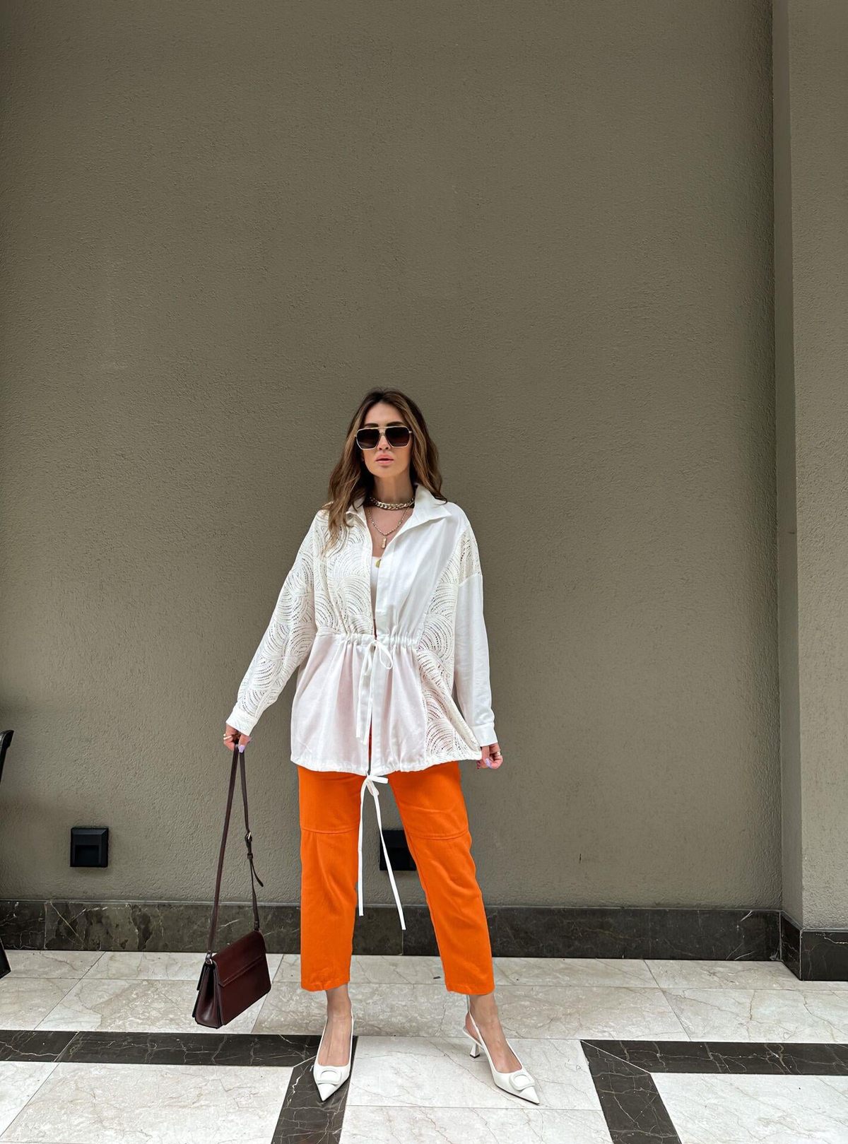 Turuncu Gabardin Çımalı Pantolon