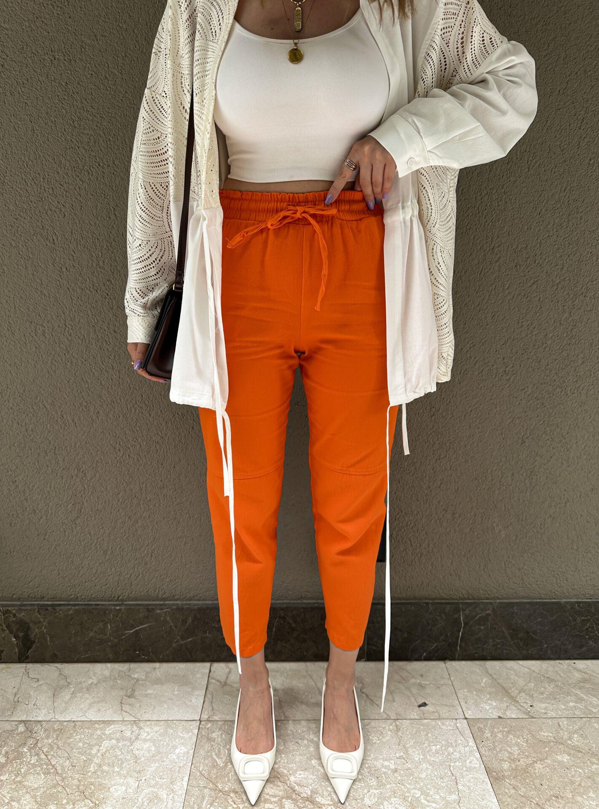 Turuncu Gabardin Çımalı Pantolon