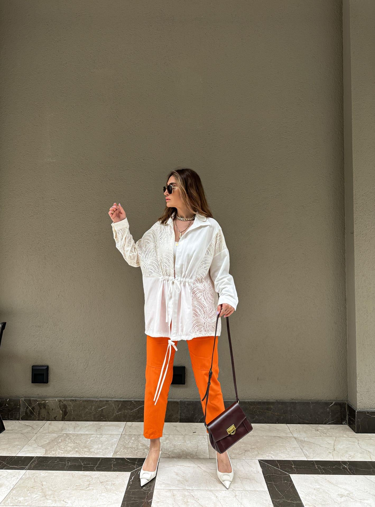 Turuncu Gabardin Çımalı Pantolon