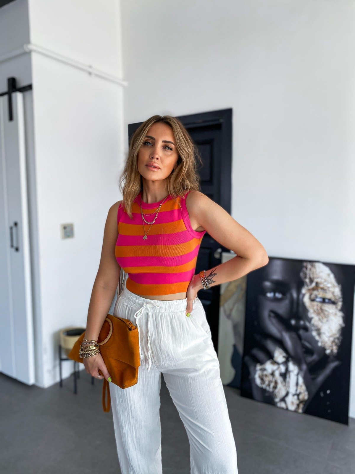 Turuncu Pembe Çizgili Triko Crop
