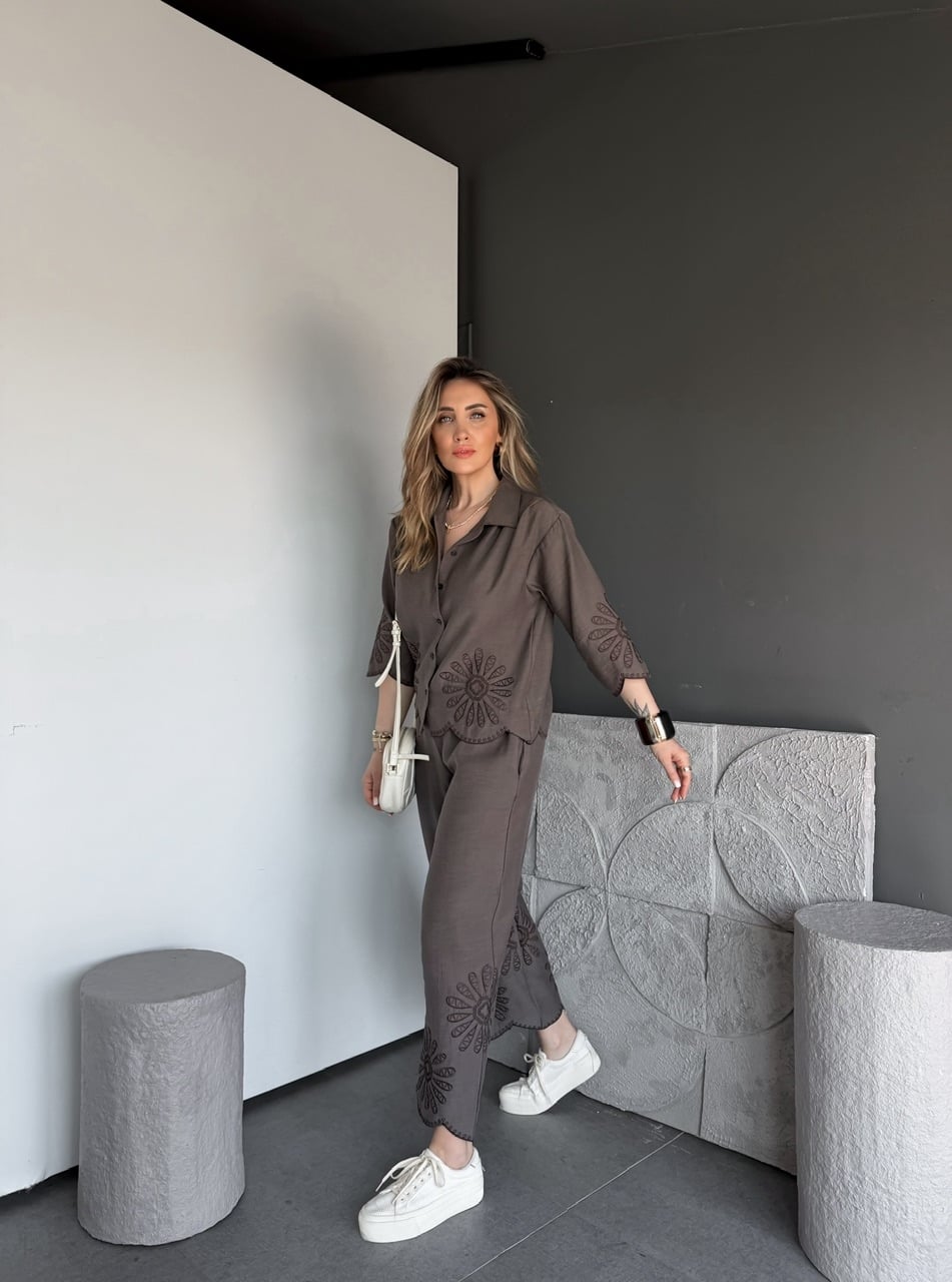 Vizon Eteği Nakışlı Premium Keten Takım