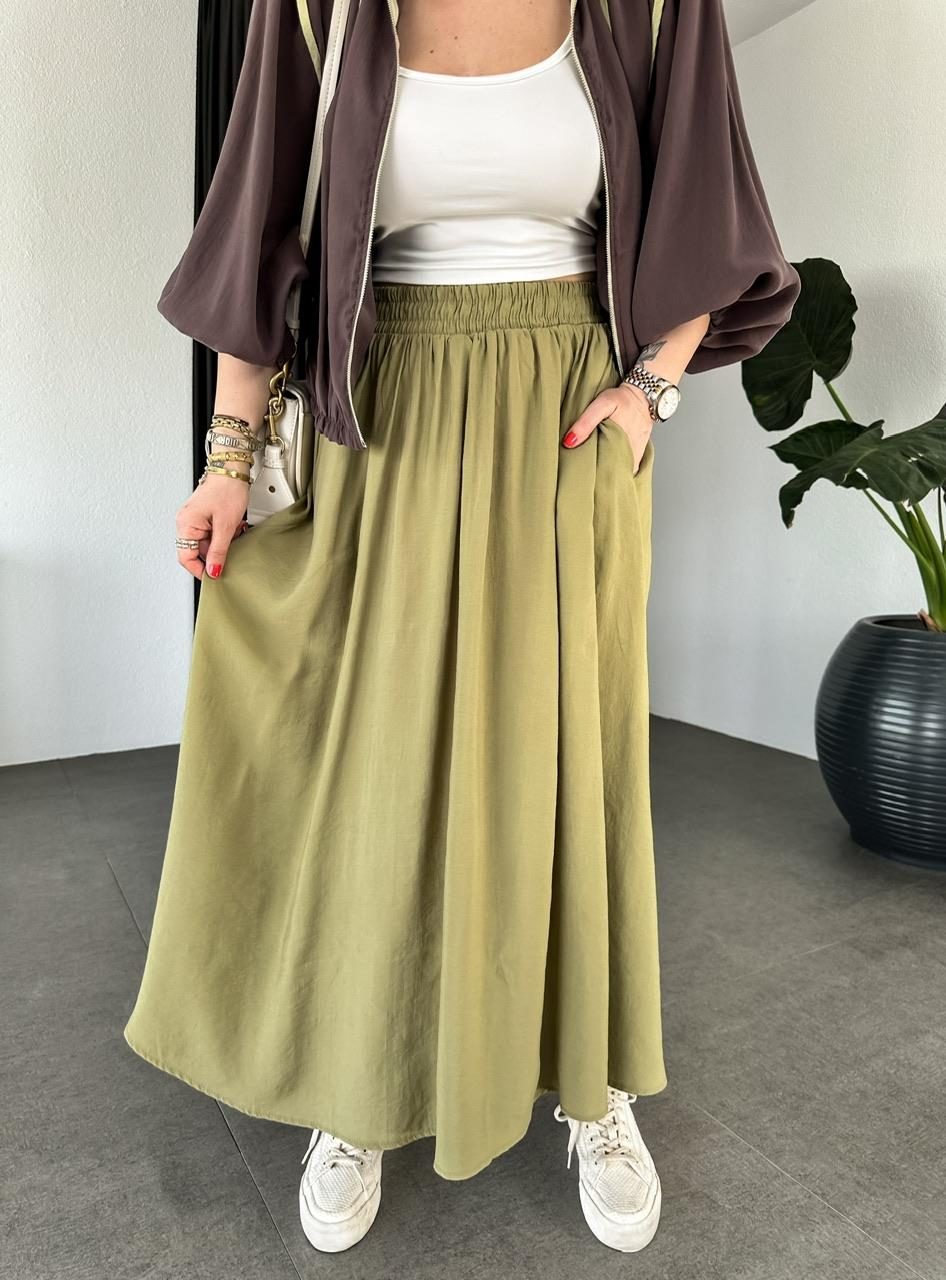 Yağ Yeşili Beli Lastikli Cepli Soft Etek