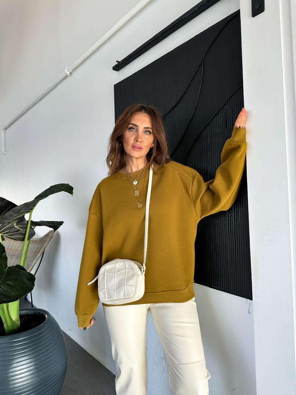 Yağ Yeşili Bisiklet Yaka Cotton Sweatshirt