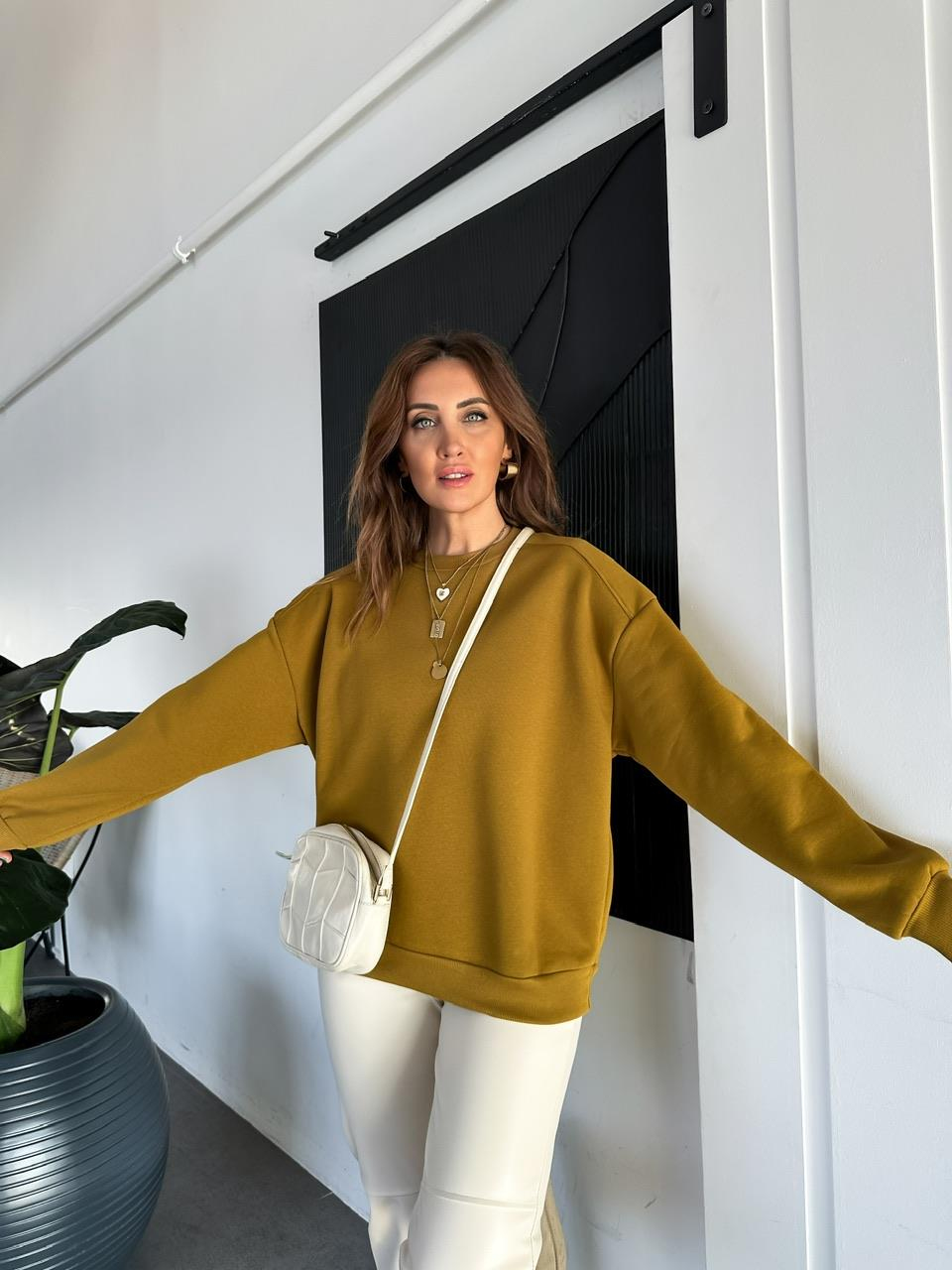 Yağ Yeşili Bisiklet Yaka Cotton Sweatshirt