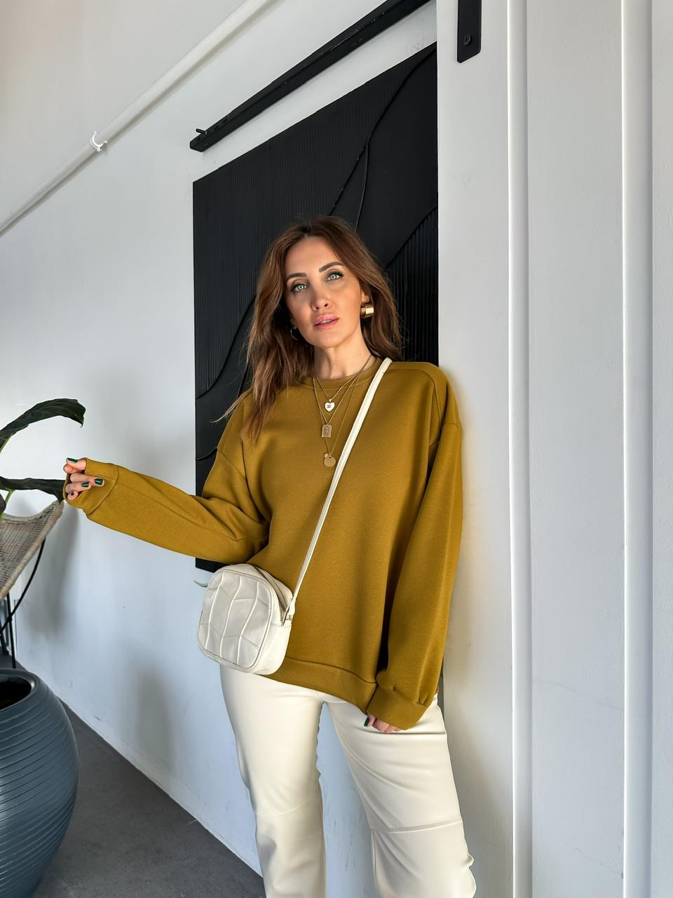 Yağ Yeşili Bisiklet Yaka Cotton Sweatshirt