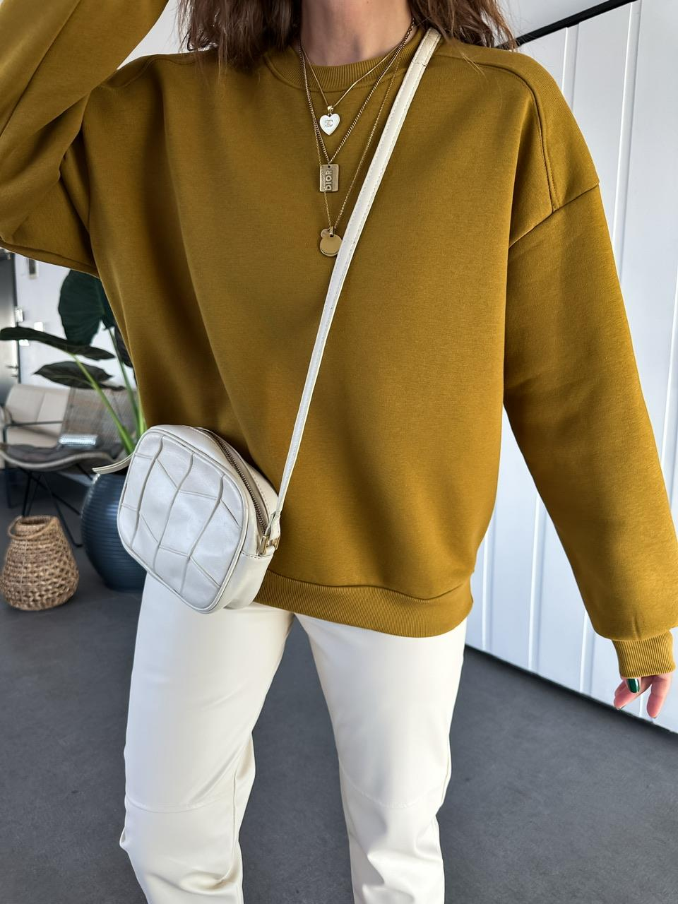 Yağ Yeşili Bisiklet Yaka Cotton Sweatshirt