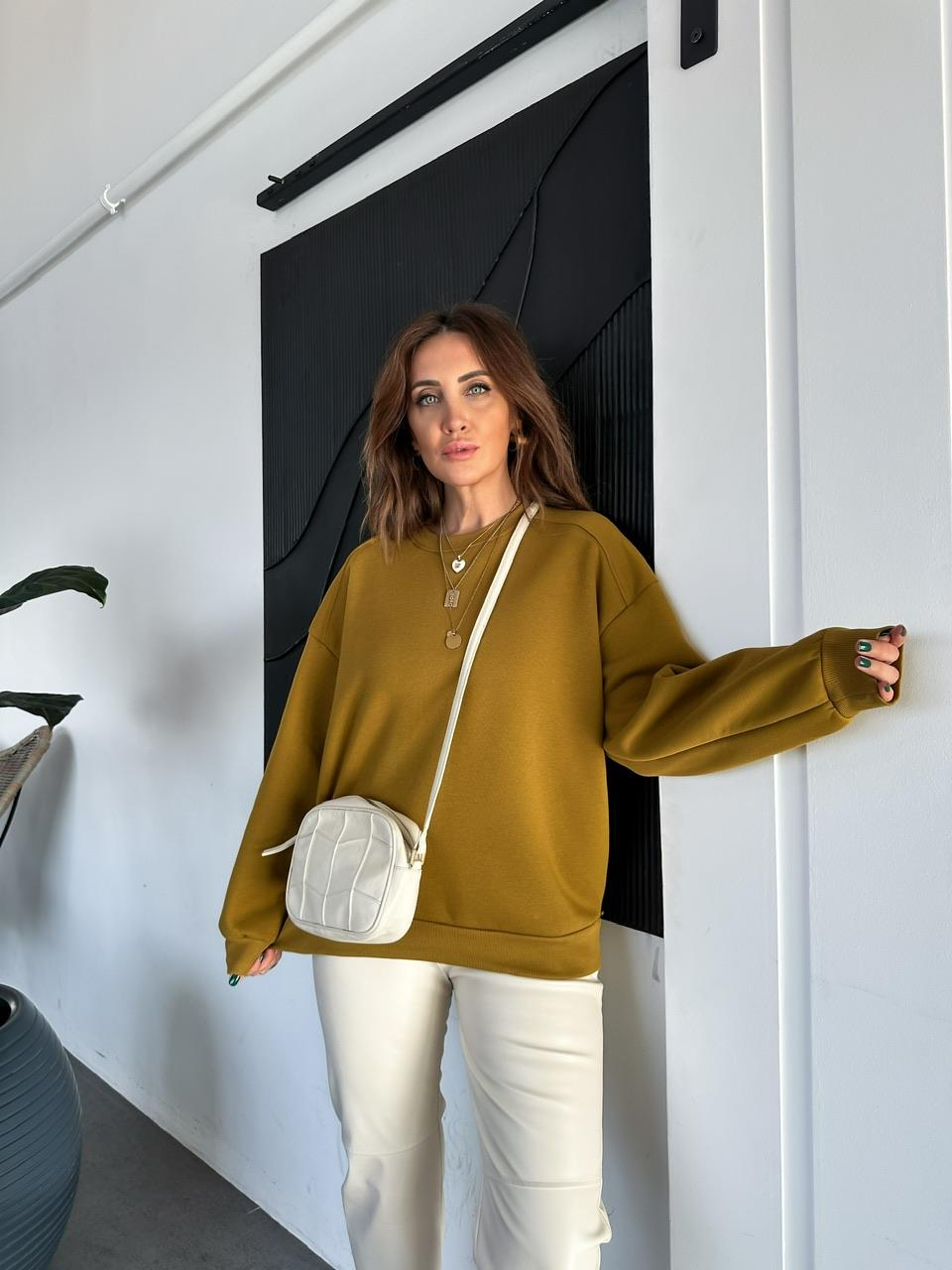 Yağ Yeşili Bisiklet Yaka Cotton Sweatshirt