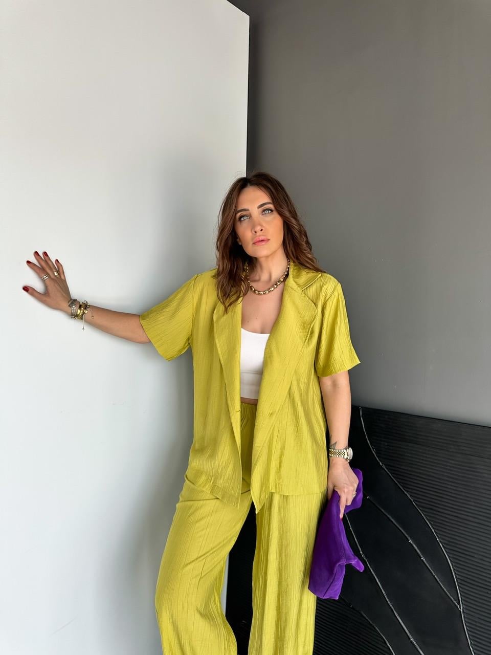 Yağ Yeşili Tek Düğmeli Modal Ceketli Takım