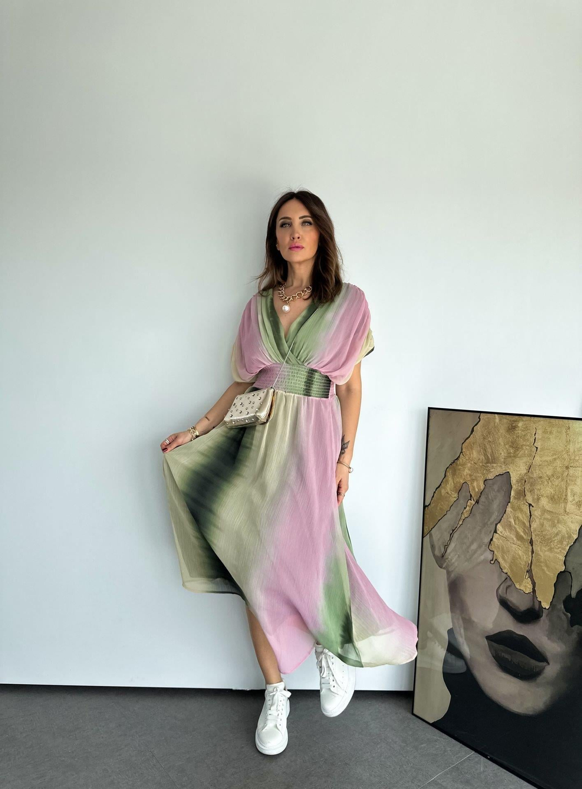 Yeşil Batik Desenli Drapeli Elbise