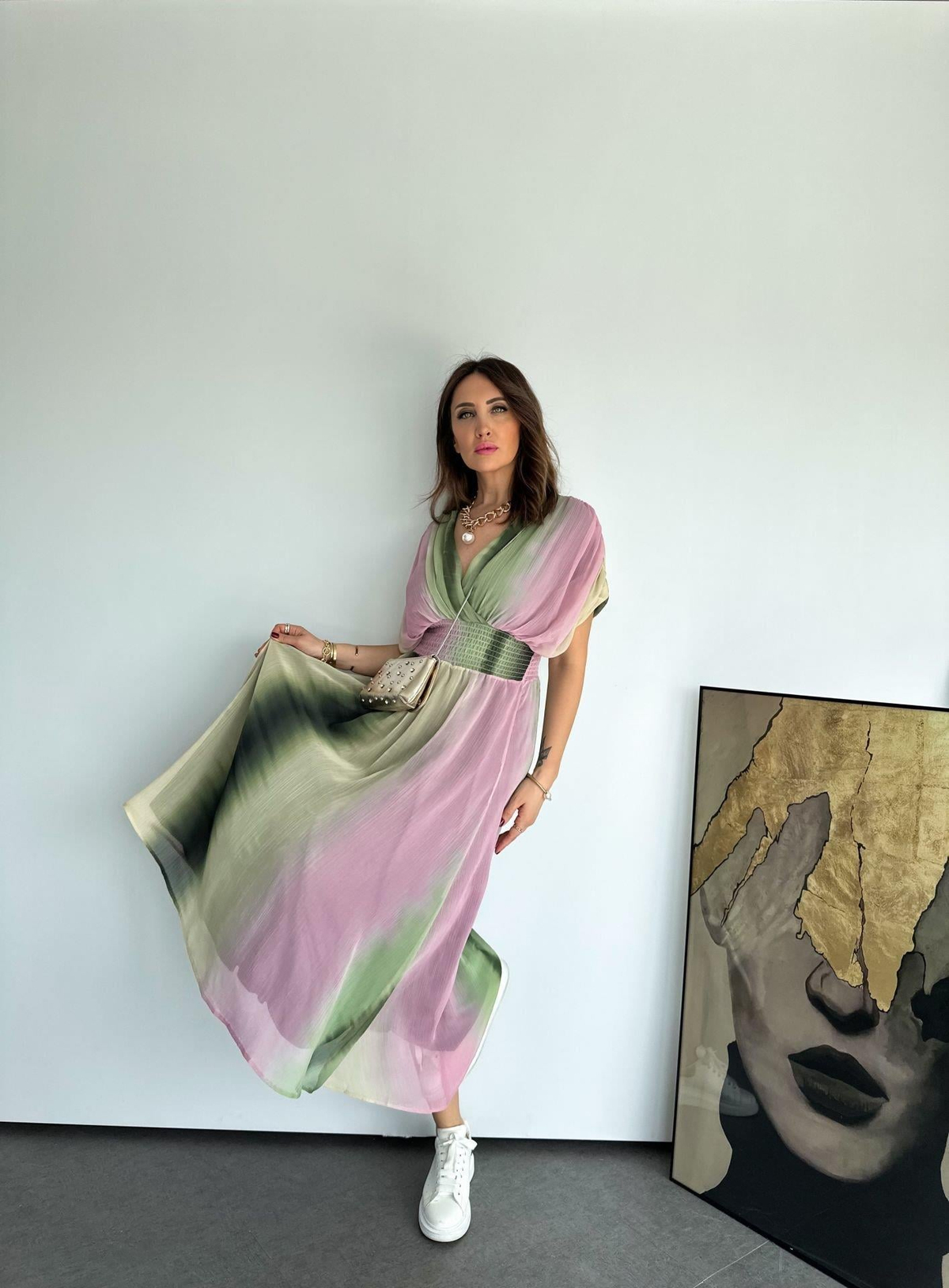 Yeşil Batik Desenli Drapeli Elbise